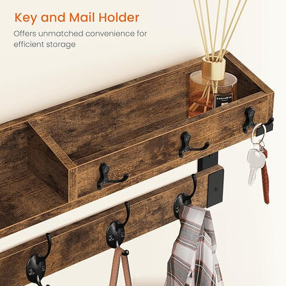 Homode Coat Rack with Shelf, Wall Shelf with Hooks, 26 Inch Long Coat Hanger Wall Mount with Key and Mail Holder, Wood Entryway Shelves for Hanging Hat Jacket Backpack Purse, Rustic Brown Black