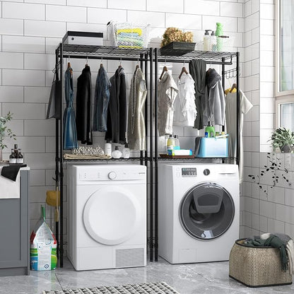 Xiofio Washer and Dryer Storage Shelf,Clothes Drying Rack,2 Tier Adjustable Height Storage Shelving with 2 Side Hook Laundry Shelves Used for Bathroom, Bedroom,Balcony,Black
