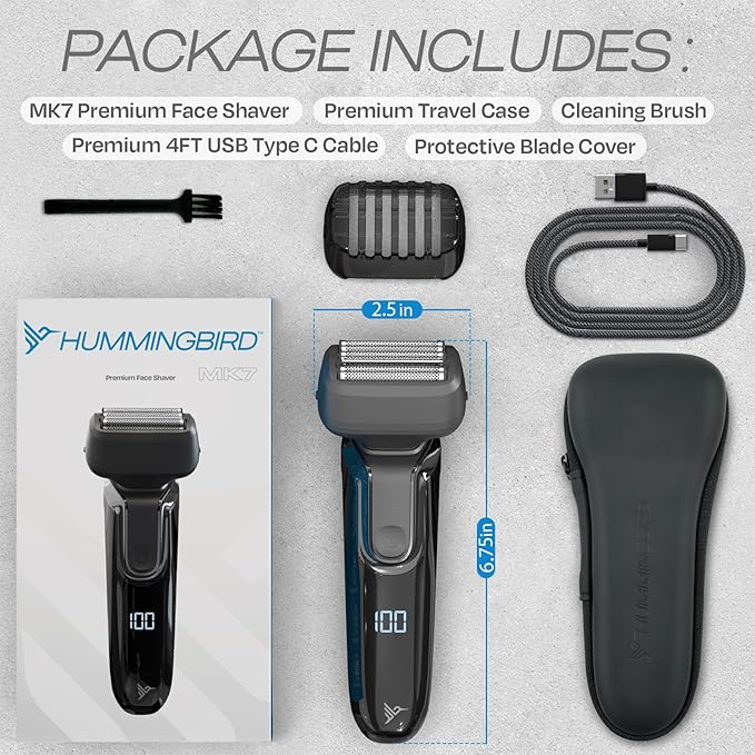 HUMMINGBIRD MK7 Premium Foil Face Shaver, Four Blade Foil Shaver with Long Hair Leveler, Electric Razor for Men, Waterproof Wet & Dry Shave, Cordless USB-C Rechargeable, LED Display, Travel Case