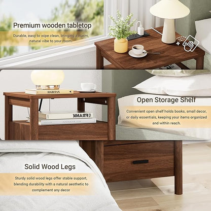 Night Stand Set of 2 with Charging Station, 20" Large Modern Side Table with Solid Round Post Legs, 2 Drawers End Table with Open Shelf, Nightstand for Bedroom, Walnut