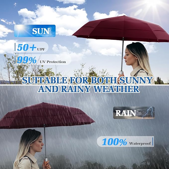 3T Wind Armor Travel Umbrella Compact Easy Auto Open Close Folding Umbrellas for Rain Windproof Umbrella for Women and Men Durable Real Wood Handle Portable Fits Backpack Car
