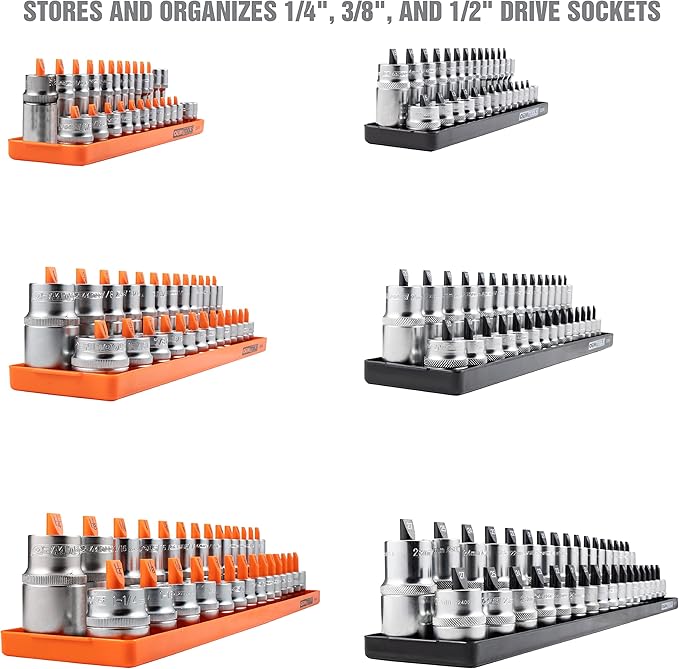 OEMTOOLS 22418 Magnetic Socket Organizer Set, 6-Piece Holder Set Includes 1/4", 3/8", 1/2" Drive Metric SAE Socket Trays, Tool Box Organizer, Christmas Gift for Men(Sockets not Included)