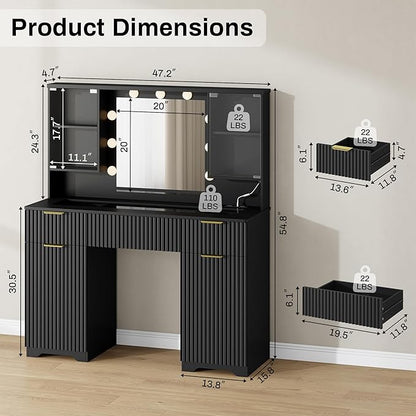 ONME 47.2" Fluted Vanity Desk with Mirror and Lights, Big Vanity with 5 Large Drawers and Adjustable Shelves, Makeup Vanity Table with Glass Top and Charging Station for Women and Girls Bedroom