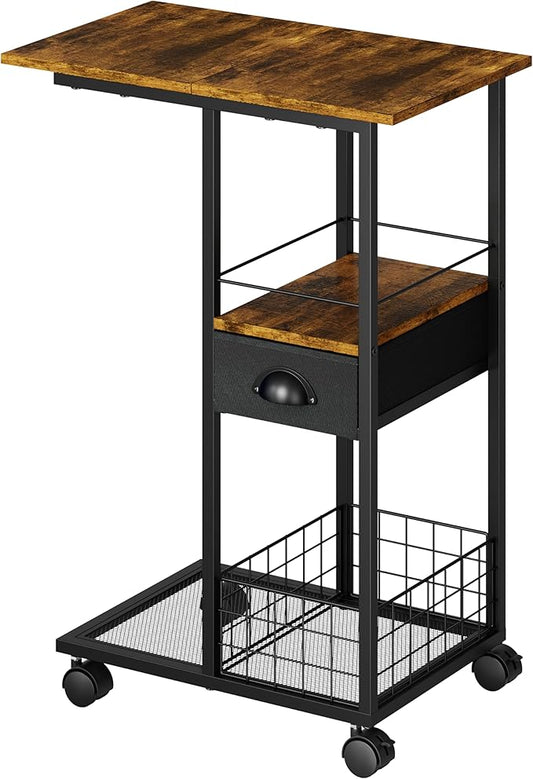 C Shaped Sofa Side Table with Wheels, Rolling Small Coffee Table with Drawer, Portable TV Tray Table for Couch, Bedside Table with Storage, Narrow Nightstand for Bedroom, End Tables Living Room