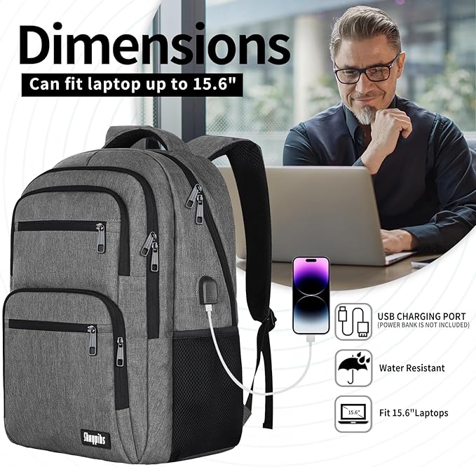 Travel Laptop Backpack, Business Carry on Backpack Flight Approved Backpack, Large Travel Work Backpacks for Men Women with USB Charger Port, Rucksack Bag, Mochila de viaje, Grey