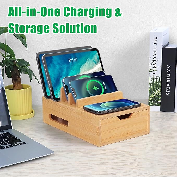 Bamboo Charging Station for Multiple Devices, Desktop Charger Organizer with Tray& Drawer, Wooden Docking Station for Smart Devices, Cell Phone, Tablet,Watch (Include 6 Cables, 5 Port USB Charger)