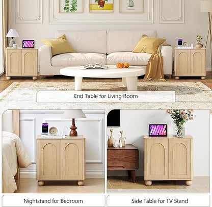 Bed Side Table with Charging Station, Mid Century Modern Nightstand with 2 Doors, Square End Table with Storage for Couch,Living Room,Small Spaces, Sofa Side Table for Office,Dorm - Natural