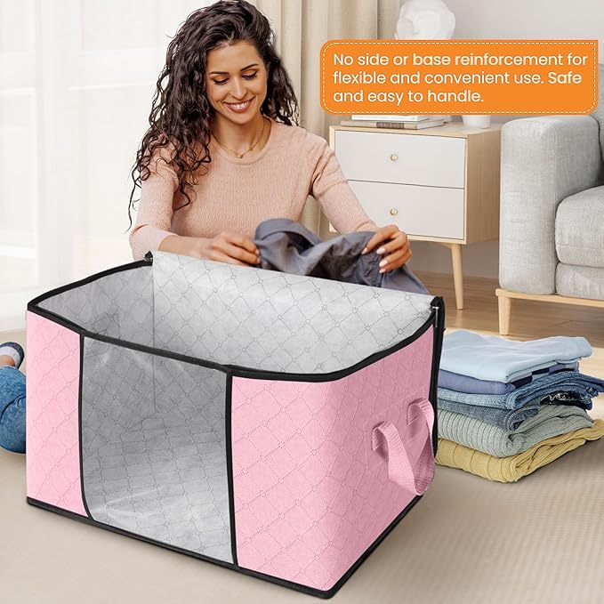 Fab totes 24 Gallons Clothes Storage, Foldable Thick Fabric Blanket Storage Bags, Containers for Organizing Bedroom, Closet, Clothing, Comforter, Organization with Handle (6 Pack,Pink)
