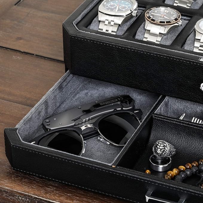 ROTHWELL 12 Slot Leather Watch Box with Valet Drawer - Luxury Watch and Jewelry Case Display Organizer, Microsuede liner, Mens Locking Storage Holder Large Glass Top (Black/Grey)