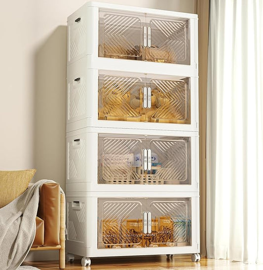 Storage Bins with Lid 120QT, Stackable Storage Containers with Wheels and Magnetic Doors, Plastic Clothes Closet Organizers and Storage Box for Home and Office (4 Pack)