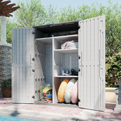 Aoxun 64 Cu.Ft Outdoor Storage Shed with Shelving Kit and Floor, Waterproof Horizontal Resin Cabinet for Trash Cans, Lawn Mowers, Generators, and Garden Tools