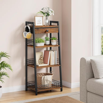 4-Tier Ladder Shelf with Drawer, Bathroom Stand Floor Storage Shelf, Freestanding Tower Table Ladder-Rustic Brown.