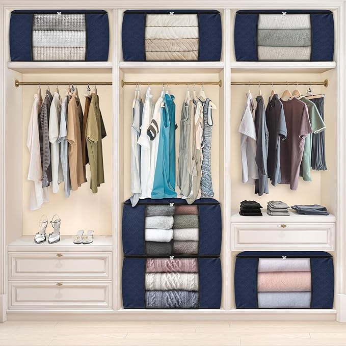 Fab totes 24 Gallons Clothes Storage, Foldable Thick Fabric Blanket Storage Bags, Containers for Organizing Bedroom, Closet, Clothing, Comforter, Organization with Handle (10 Pack,Blue)