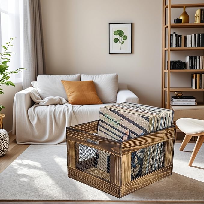 ARTAWEIN Vinyl Record Storage Crate, Wooden Record Holder for Albums - Holds up to 80-100 LPs, Rustic Vintage Style Organizer Box with Handles, Easy Assembly Display for Music Room & Office