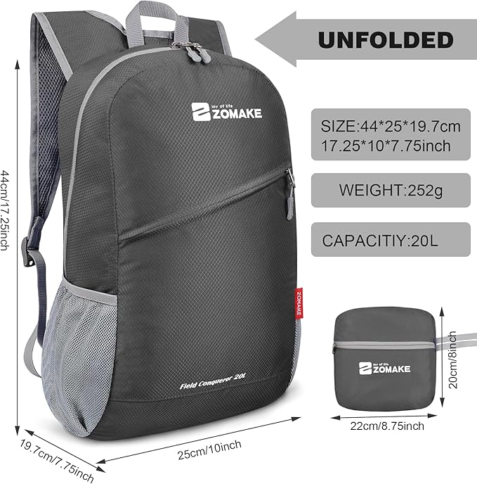 ZOMAKE Lightweight Packable Backpack 20L, Foldable Backpacks Small Daypack for Hiking Water Resistant Day Bag for Travel