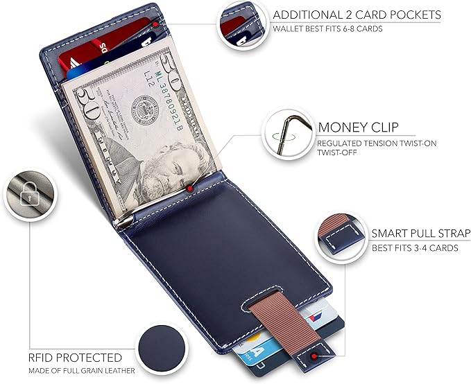 SERMAN BRANDS RFID Blocking Slim Bifold Genuine Leather Minimalist Front Pocket Wallets for Men with Money Clip Thin Gift