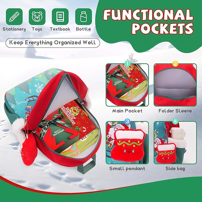 SUN EIGHT Kids Christmas Backpack – Glow in the Dark Santa & Reindeer Design, Lightweight Waterproof School Bag with Plush Stocking Charm & Gift Bag – Perfect Holiday Present for Boys and Girls