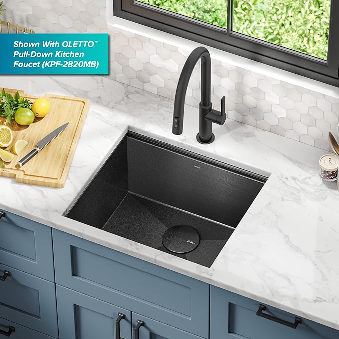 KRAUS Kore 21 Inch Undermount Workstation 16 Gauge Stainless Steel Single Bowl Kitchen Sink n PVD Gunmetal Finish with Accessories, KWU1101-21-PGM