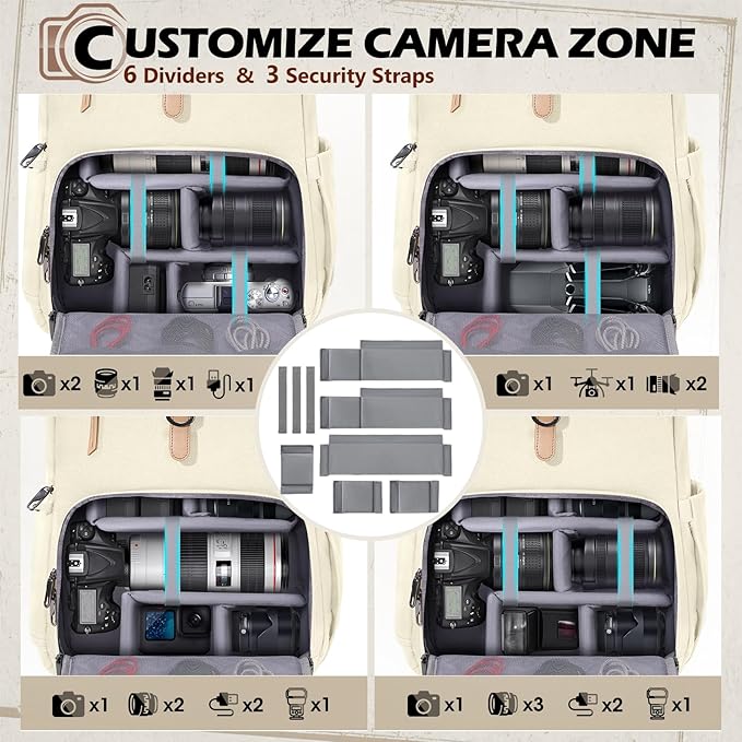 RAINSMORE Camera Bag Backpack for DSLR/SLR Mirrorless 15.6 Inch Laptop Camera Back Pack for Photographers Anti-Theft Photography Bags Case with Tripod Holder & Rain Cover, Beige