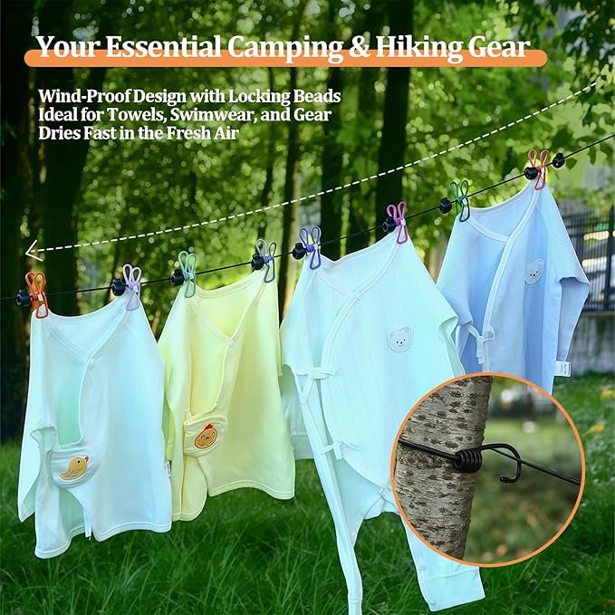 Travel Clothesline Retractable Portable Clothesline with 12 Clips Portable Elastic Camping Clothes Line with Anti-Slip Beads & Stainless Hooks for Hotel, RV, Boat, Outdoor Use (1 Pack)