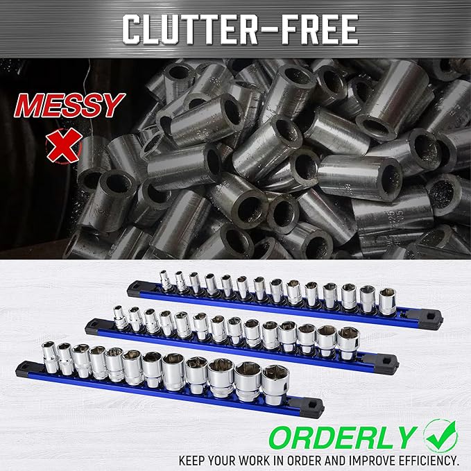 ALOANES 3-Piece Magnetic Socket Organizer, Heavy Duty Aluminum Socket Rails Organizer, 360° Swivel Clips Socket Holder Kit for Tool Box, 3/8-Inch Socket Holder x 42 Clips (Blue)