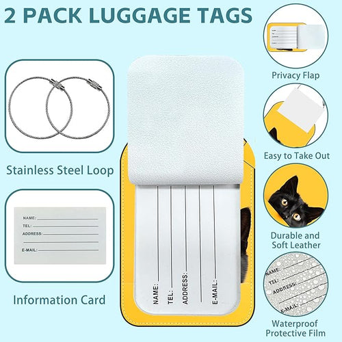 2 Pack Cute Luggage Tag for Suitcases Cute Black Cat Leather Luggage Tags with Stainless Steel Loop Privacy Flap Name Tags,Men and Women Travel Bag Suitcase Tags