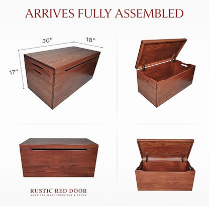 Amish Made Wooden Storage Chest Trunk Box with Lid and Handles for Bedroolanket, Clothes, Anti-Slam Hinges, Handmade, Rustic, Oak Wood, Cherry Stain, 30"