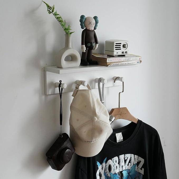 Entrance Coat Rack ，Coat Hooks, Wall-Mounted Wooden Hook Rack, Wall-Mounted Shelves are Very Suitable (White Finish-1)