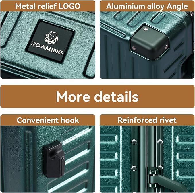 ROAMING Zipperless Luggage 24 Inch with Aluminum Frame, 3-Layer PC Trunk-Medium Lightweight Hard Shell Suitcase with Spinner Wheels, Metal Travel Luggage with Double TSA Locks, Dark Night Green
