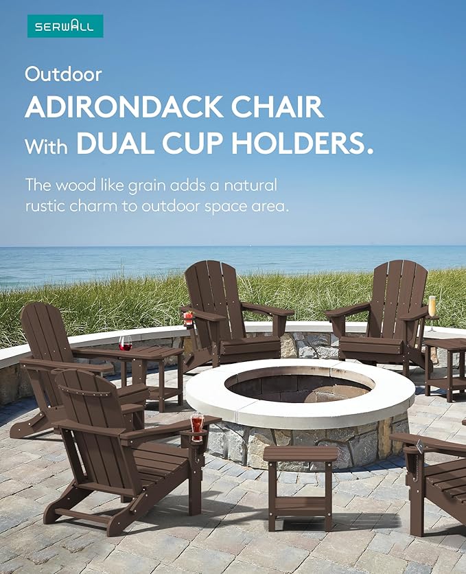 SERWALL Adirondack Chair with Cup Holders - Composite Adirondack Chairs Set of 8 HDPE Outdoor Chairs All Weather Use- Coffee