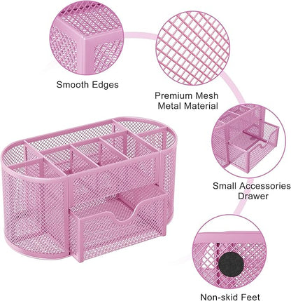 EasyPAG Mesh Pen Holder Desk Organizer with Drawer Stationery Supplies Organizer for Dorm School 9 Compartments Workspace Desk Accessories Organization for Office, Light Pink