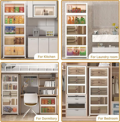 Extra Large Stackable Storage Bins with Lids & Wheels, Foldable Collapsible Closet Organizers Storage Cabinet with Doors for Bedroom Dorm (White, 275QT-55QT/14GAL*5Pack)