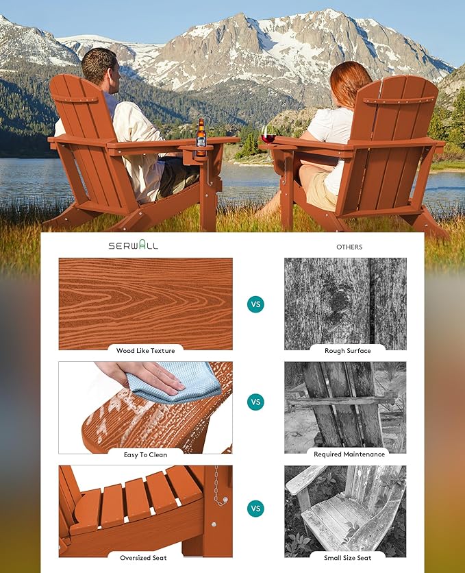 SERWALL Adirondack Chair with Cup Holders - Composite Adirondack Chairs Set of 4 HDPE Outdoor Chairs All Weather Use- Orange