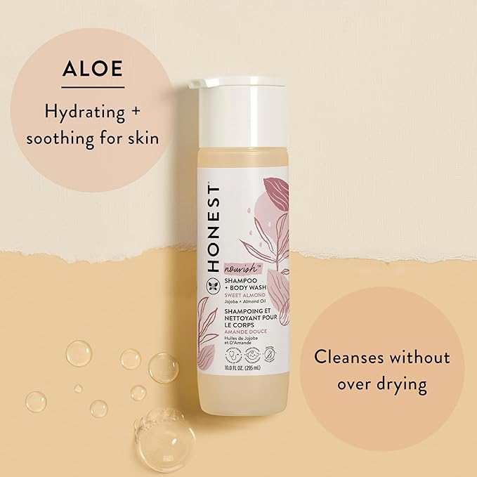 The Honest Company 2-in-1 Cleansing Shampoo + Body Wash | Gentle for Baby | Naturally Derived, Tear-free, Hypoallergenic | Sweet Almond Nourish, 10 fl oz
