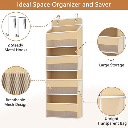 1 Pack 4-Tier Over the Door Organizer, Heavy-Duty Large Deep Pocket Hanging With 4 Large Front & 4 Side Pockets With for Pantry, Kitchen, Bathroom, Dorm, Beige