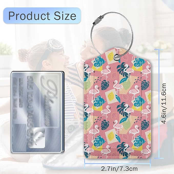 Pink Flamingo Luggage Tags,2 Pack Tropical Palm Leaves Luggage Tag,Leather Privacy Cover ID Label with Stainless Steel Loop for Women Men Kids Girls Travel