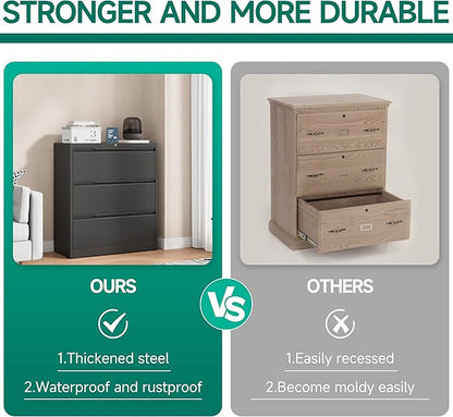 Filing Cabinet with Lock,Lateral File Cabinets 3 Drawer Metal Wide Filing Organization,Home Office School Furniture for Hanging Files Letter/Legal/F4/A4 Size,Black - Assembly Required