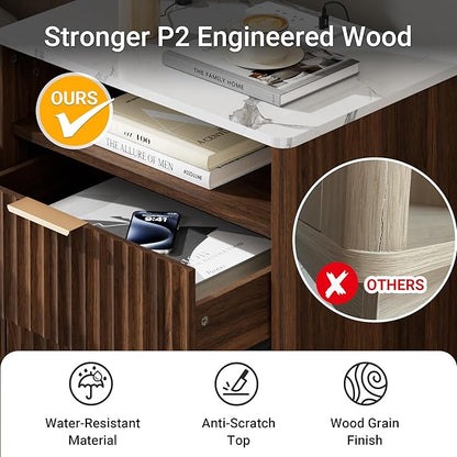 Fluted Night Stand with Charging Station, 18" Modern Nightstand with Faux Marble Top, 2 Drawers End Table with Storage, Bedside Table for Bedroom Living Room, Curved Profile Design(Walnut)