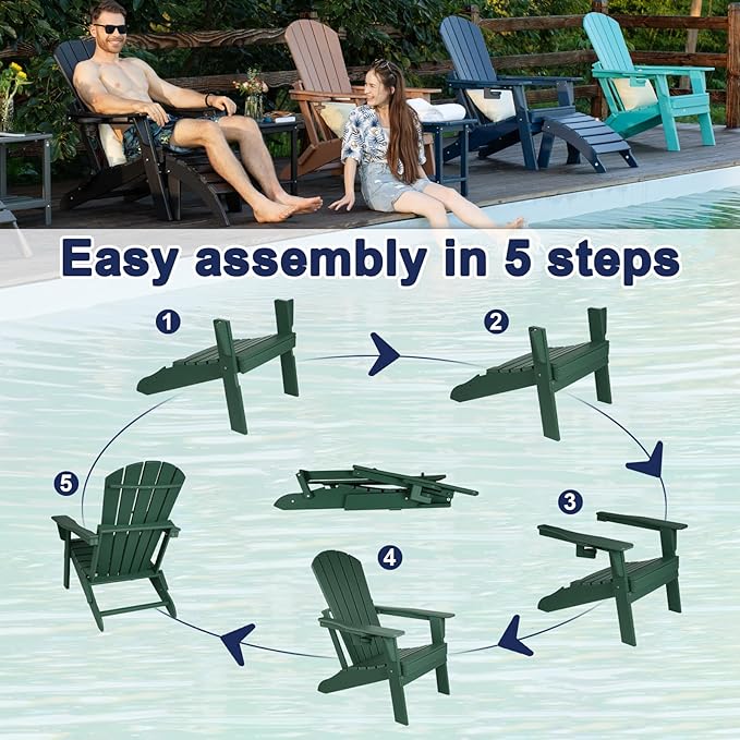 Folding Adirondack Chair - Extended Ergonomic Backrest, Cup Holder - Easy Assembly - Durable HDPE Plastic, Weather Resistant & Maintenance-Free - Lawn, Patio, Deck Supports 400lbs Green