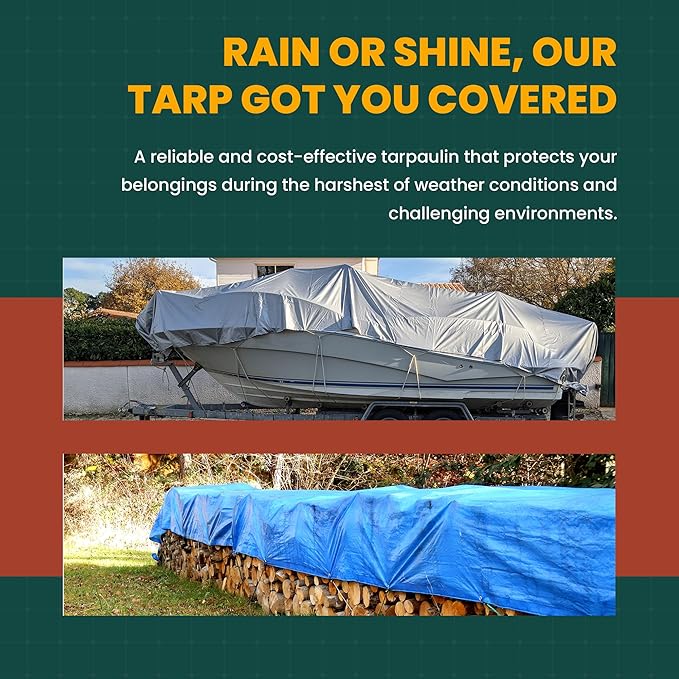 Large Waterproof Tarp - Heavy Duty 20 Mil Thick Poly Tarpaulin Ideal for Canopy Tents, Boats, RV or Pool Covers - Multipurpose Protective Tarps with Grommets for Indoor and Outdoor Use | 12' x 12'