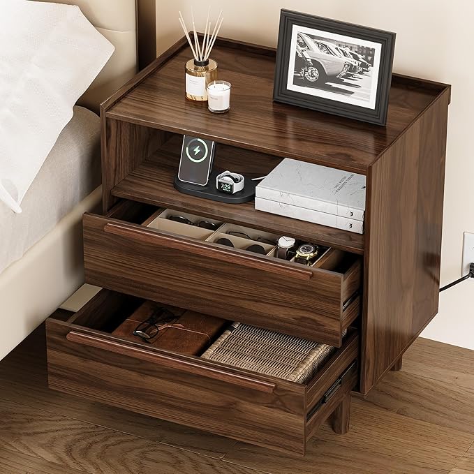 Mid-Century Modern Nightstand with Charging Station, 26" Tall Wood Bedside Table with Tray Top, USB & Type-C Ports, AC Outlets, 2 Drawers and Open Shelf for Bedroom or Living Room, Walnut
