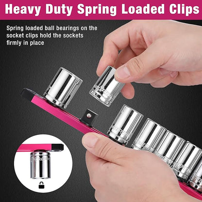 WORKPRO Magnetic Socket Organizer, 1/2-Inch Drive Aluminum Alloy Socket Rail, Heavy Duty Socket Holder, Socket Rack Kit 1/2-Inch x 10 Clips Rose Red(Socket not Included)