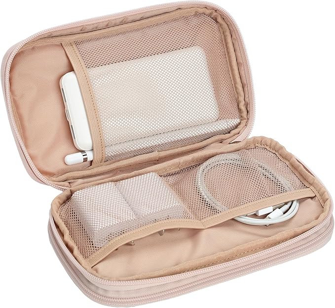 NISHEL Travel Cord Organizer Case, Double Layers Tech Electronic Bag, Essentials for Charger, Cable, Phone, Flash drive, Pink