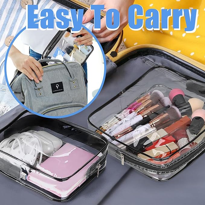 12 Pcs Clear Cosmetic Bag PVC Waterproof Zippered Clear Toiletry Carry Pouch Cosmetic Makeup Bag for Women Men Vinyl Plastic Organizer Case for Vacation Bathroom (Large, Black)