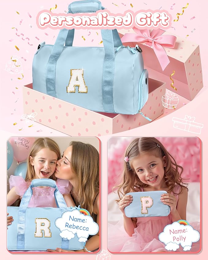 Presents For Girls-Girl Gym Bag with Shoe Compartment, Kid Personalized Weekender Overnight Bags, Travel Tote with Makeup Pouch, Gift for 3 4 5 6 7 8 9 10 11 12 Year Old Girls (Letter S)