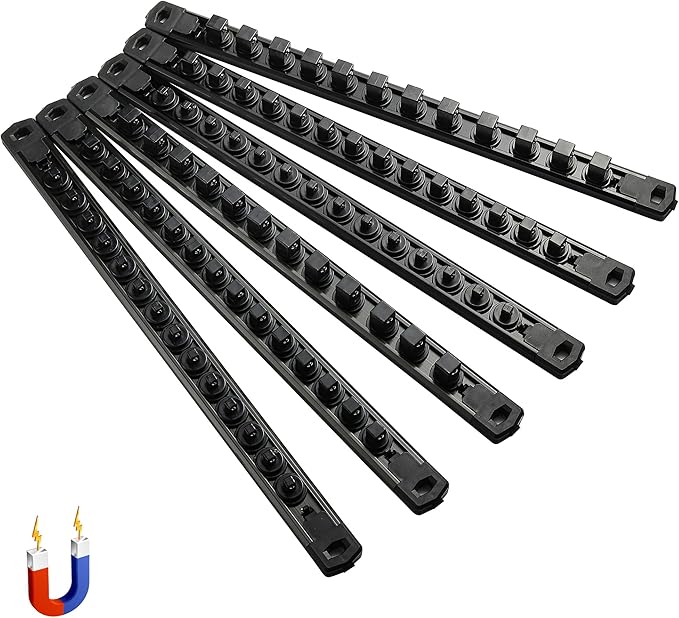 ALOANES 6-Piece Magnetic Socket Organizer, Heavy Duty Aluminum Socket Rails Organizer, 360° Swivel Clips Socket Holder Kit for Tool Box, 1/2, 3/8, 1/4-Inch Socket Holder x 80 Clips (Black)