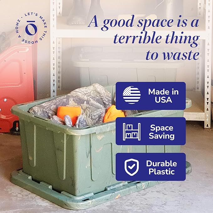 HOMZ 2-Pack Durabilt Tote, Heavy Duty Plastic Storage Bins with Lids, 15 Gallon, Green Camo - Stackable Organizing Containers for Home, Garage, and Office