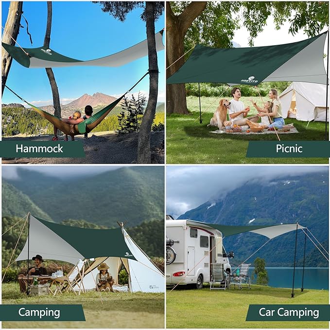 Camping Tarp with Poles & Retainer,15x12.5FT Large Waterproof 210D Oxford Cloth Camping Canopy, Anti-UV UPF100+ Tent Tarp Car Awning for Outdoor, Picnic, Hammock, Car, Backpacking (Green)