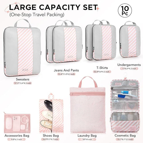 10 Set Compression Packing Cubes for Travel Essentials,Compressible Expandable Packing Cubes for Suitcase,OlarHike Luggage Organizer Bags for Travel,Handy Helper for Organizing Clothes(Pink Stripped)