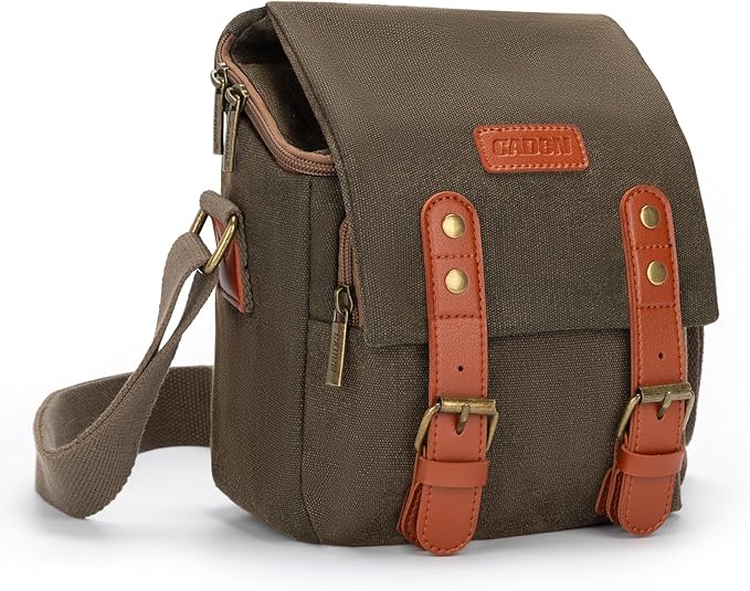 CADeN Compact Camera Bag Case Canvas Leather Trim Compatible for Nikon, Canon, Sony Mirrorless Camera and Lenses Waterproof, Camera Shoulder Messenger Bag (Small 1.0 Brown)